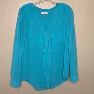 CALVIN KLEIN Blouse Aqua Blue Georgette Fabric Popover V-Neck Ruffle Center XS